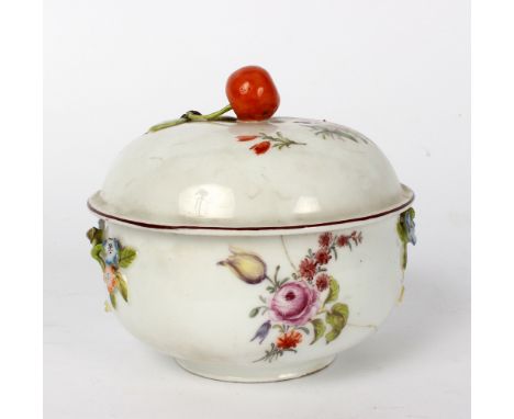 A Chelsea (red anchor) ecuelle and cover, circa 1758, painted with scattered bouquets, cherry finial, 11cm high/Provenance: O
