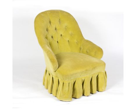 A Victorian button back chair on turned legs/Provenance: Beverston Castle Condition Report: The upholstery is stained slightl