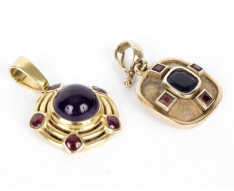 A sapphire and ruby pendant, K & T, circa 2001, set in 9ct gold, the central cushion sapphire to four square rubies in a text