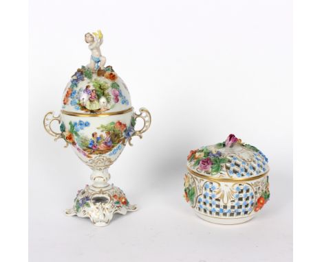 A modern Dresden cup and cover with putti finial, encrusted flowers and decorated scenes of courting couples, 25cm high and a