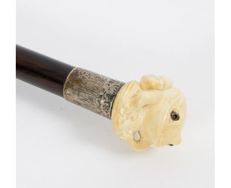 An ebonised walking stick, the carved ivory handle in the form of a frog with engraved monogrammed silver mounts/see illustra