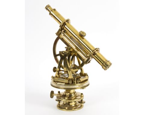 A brass theodolite by Troughton &amp; Sons., the telescope with rack and pinion focusing and 180% scale, having a swivel micr