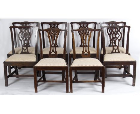 A harlequin set of ten Chippendale style dining chairs, with splat backs, trap seats and on square chamfered legs (8 + 2) Con