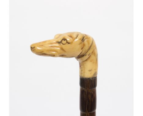 A cane walking stick, the ivory handle in the form of a greyhound head Condition Report: Lot contains an element of pre-1947 