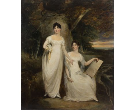 Circle of William Owen (1769-1825)/The Miss Ingrams/full length portrait of two young ladies dressed in white, one seated ske