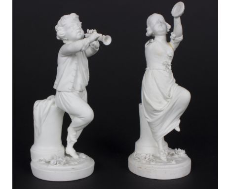 A pair of Derby biscuit figures, circa 1820, of musicians, the girl with cymbals, the boy with a clarinet, on round bases, in