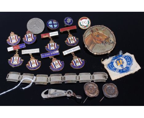 Mixed lot to include assorted enamel brass badges, silver plated bracelet, French painted metal convex brooch depicting horse