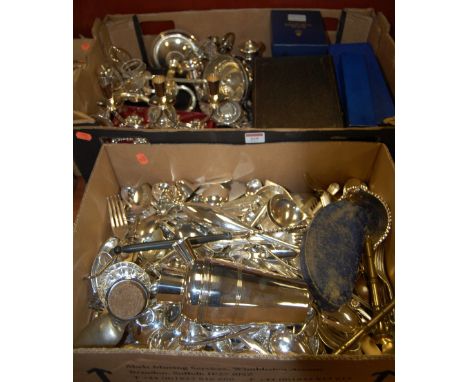 Two boxes of miscellaneous silver plated wares, to include; three-piece cruet, double-ended ladle, loose flatware etc 