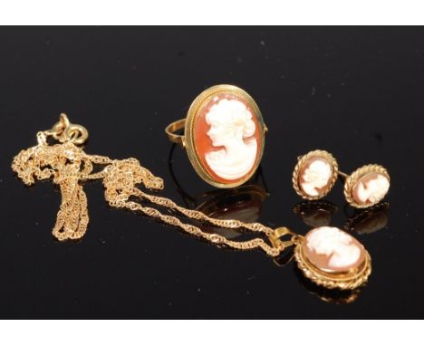 A yellow metal and carved shell cameo set ring, size N together with 18ct gold carved shell cameo pendant on fine link neck c