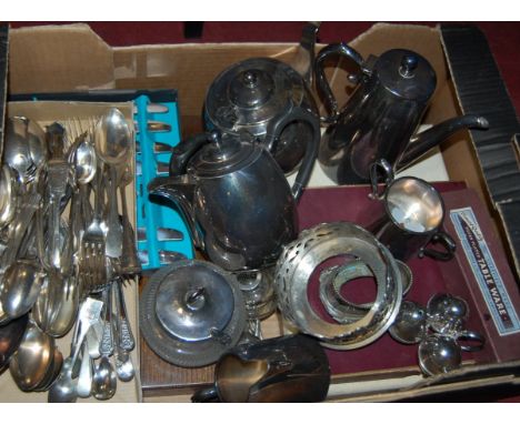 A box of miscellaneous silver plated wares, to include; three-piece tea service, loose flatware etc 