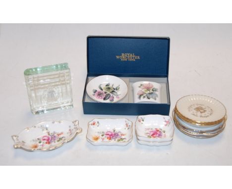 A boxed Royal Worcester bone china pin-tray, an ovoid vase, Royal Crown Derby porcelain pin-tray, other porcelain to include 