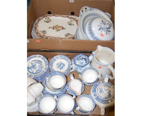 Two boxes of miscellaneous china to include; Wood's & Sons Yuan pattern part tea service, Victorian meat plates etc 