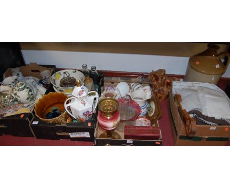 A large collection of miscellaneous items, to include; stoneware flagon, brass pedestal oil lamp, Mason's Chartreuse pattern 