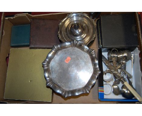 A small collection of silver plated wares, to include; Georgian style teapot, comport, napkin rings and flatware etc 