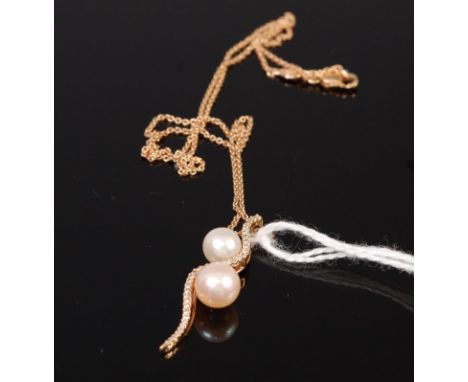 A contemporary cultured pearl and diamond point  set pendant, 3.5cm on 18ct gold finelink neck chain, gross weight 4.2g