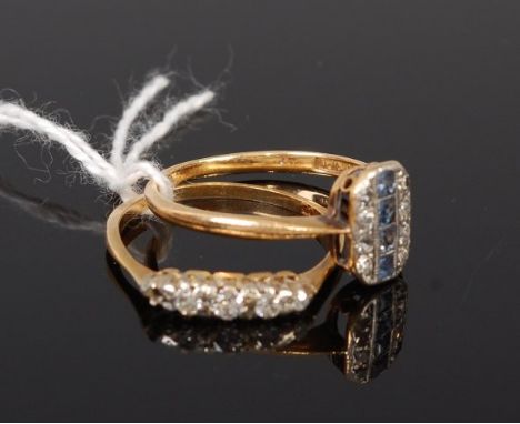 An 18ct gold platinum sapphire and diamond set tablet ring, note one sapphire chipped and setting badly rubbed,  together wit