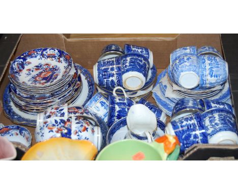 A Victorian blue and white transfer decorated part tea service; together with two other part tea services