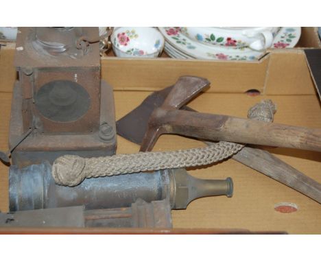 A collection of miscellaneous items; to include; Prima miners safety lamp, fire hose nozzle, one other lantern, two axes etc 