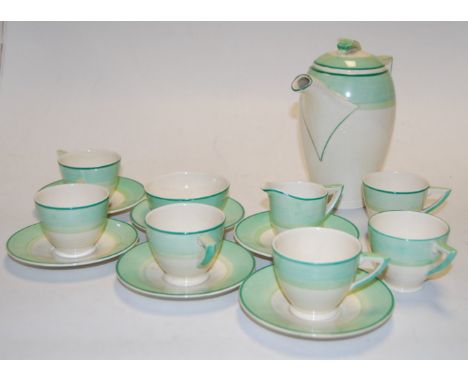 An early 20th century Wedgwood six-place setting tea service, on a cream ground with green banding, printed Wedgwood & Co Ltd