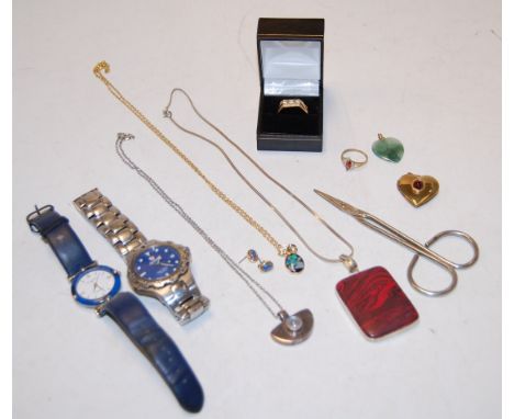 A ladies gem set dress ring, stamped 375; together with one other stamped 10K; various costume and other jewellery etc 