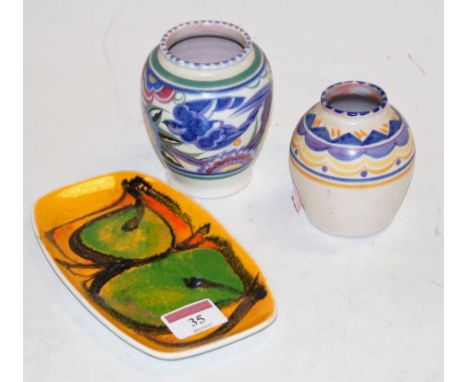 A Poole pottery Aegean pattern pin tray, impressed Poole England 361 verso; together with two small Poole pottery vases of ba