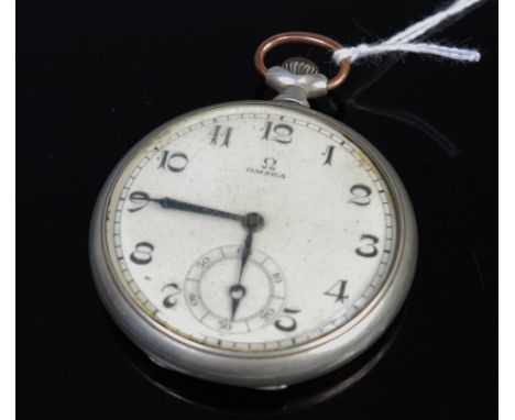 An Omega nickel cased gents open face pocket watch having a signed white enamel dial, subsidiary seconds dial, keyless moveme