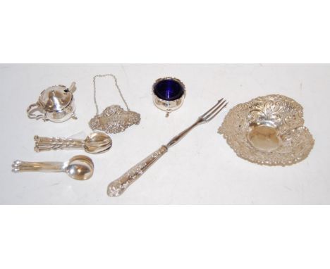 A circa 1900 sterling silver pierced heart shaped bonbon dish; together with a silver port decanter label, and loose flatware