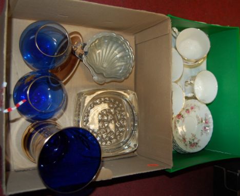 Two boxes of miscellaneous china and glassware to include pair of Bristol Blue style glass vases with gilt decoration, silver