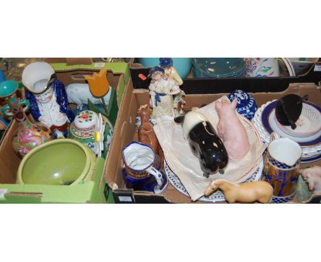 Two boxes of miscellaneous items, to include a Burmantofts faience green glazed jardiniere with floral relief decoration, imp