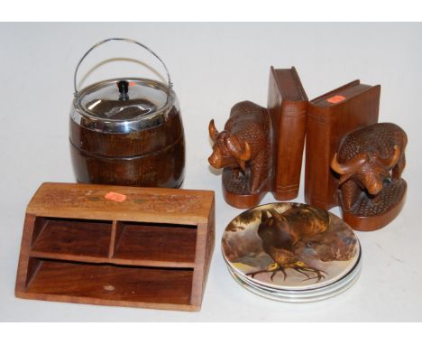 A small collection of miscellaneous items to include; 1920s oak silver plated biscuit barrel, pair of carved hardwood book-en