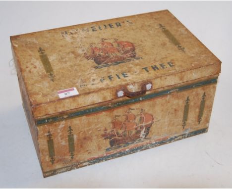 A lithograph printed tea tin of rectangular form, indistinctly titled