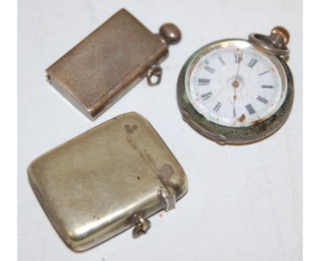 A late 19th century Continental silver cased ladies fob watch, having enamelled dial with Roman numerals (a/f); together with