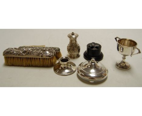 A collection of silver wares to include ladies powder compact, trophy cup, peppermill, inkwell, brushes etc