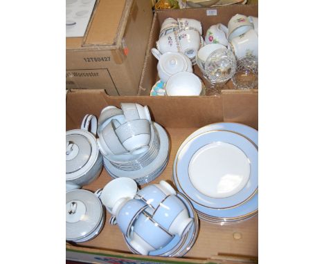 Two boxes of miscellaneous china, to include; modern Doulton part tea and dinner service, Noritake Damask six piece tea servi