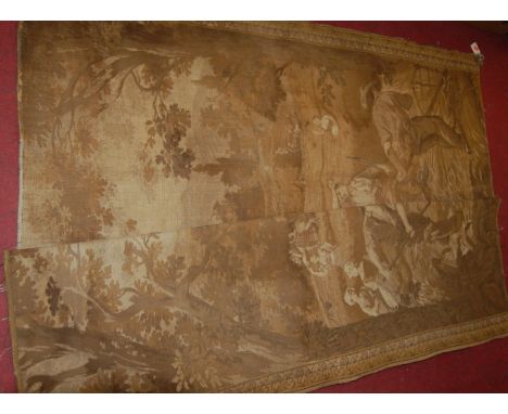 A large early 20th century tapestry wall panel, depicting hay-making scene, 148 x 184cm 