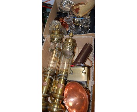 Two boxes of miscellaneous items, to include; reproduction brass GWR wall lanterns, brass cased carriage clock, pair of press