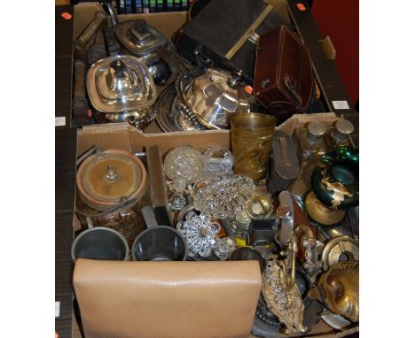 Two boxes of miscellaneous items, to include; silver plated muffin dish, silver plated teapot, pewter tankard, Bell & Howell 