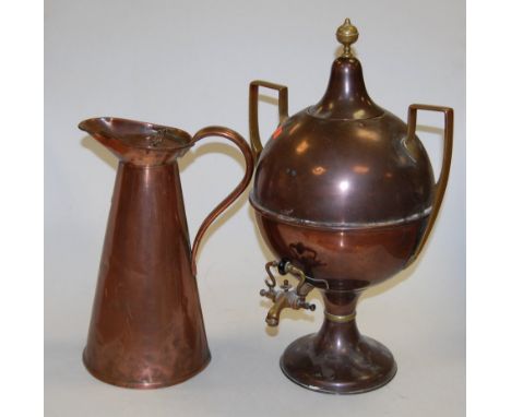 An early 20th century copper samovar, having brass finial and twin brass handles; together with a Victorian copper flagon (2)