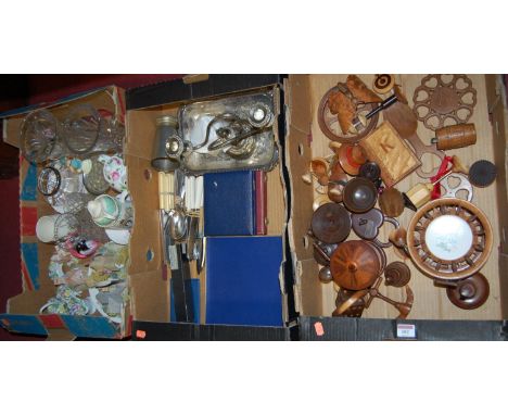 Three boxes of miscellaneous items, to include; treen miniature pedestal table, loose silver plated flatware, commemorative m