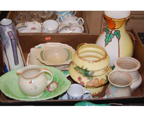 A box of miscellaneous china, to include; Art Deco conical jug with hand-painted decoration, Carltonware leaf dish, Portmeiri