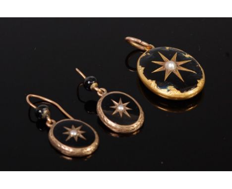 A mid Victorian 15ct gold black enamel and seed pearl set mourning locket, set with a lock of hair (some enamel losses), toge