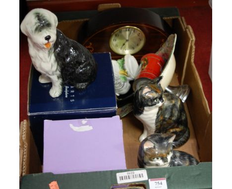 A box of miscellaneous items, to include; Edwardian mahogany and satinwood inlaid cased mantel clock, boxed Border Fine Arts 