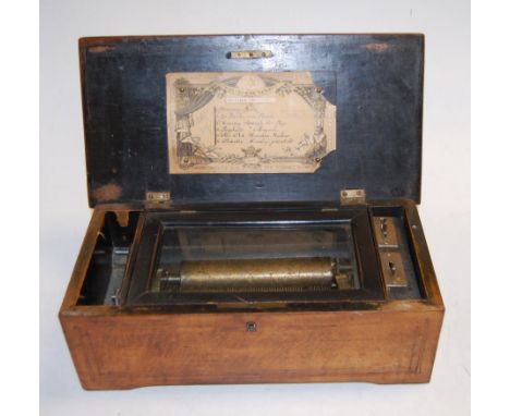 A circa 1900 Swiss rosewood cased and satinwood strung music box, playing six airs, with card label to interior lid (four tee