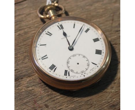 A Stayte 9ct. rose gold pocket watch, crown wind, having white enamel Roman numeral dial with Arabic numeral subsidiary secon