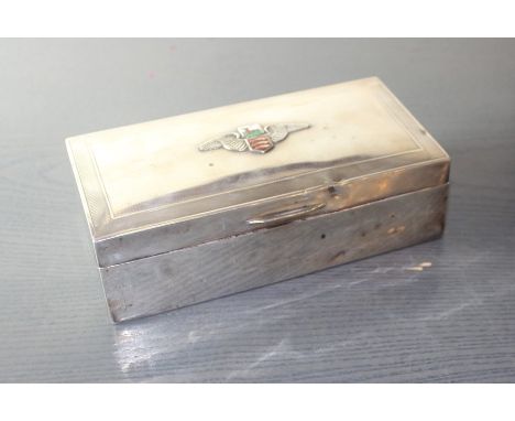 Aviation Interest; A Herts and Essex Aero Club silver rectangular cigarette box, assayed London 1936, makers mark rubbed, hav