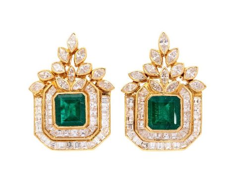 A pair of Art Deco style 18ct. gold, emerald and diamond earrings,&nbsp;each having large step cut emerald to raised centre i