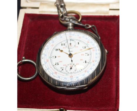 A scarce Lip telemeter chronograph pocket watch in Huguenin Freres silver niello case, crown wind, having signed white enamel