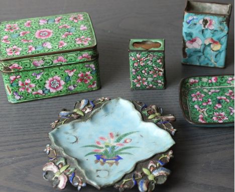 A 19th century Chinese silver and enamel butterfly tray and similar enamel pieces