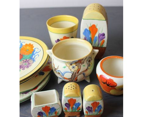 A collection of Clarice Cliff Bizarre pottery, mostly c.1930's, to include; a Clarice Cliff for Wilkinson Ltd "Tiger Tree" pa