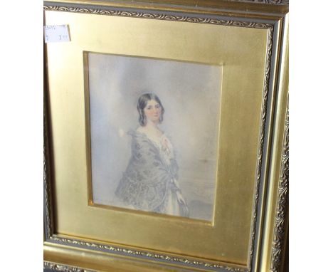 Richard Augustus Clack (1804-1881), portrait of a young lady, 3/4 length, wearing a white dress and grey shawl, pencil and wa